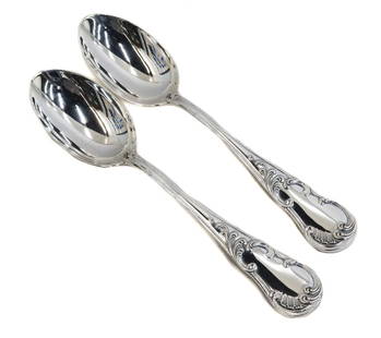Pair Buccellati Sterling Solid Silver Table Spoons in Quirinale Signed: Pair Buccellati Italian sterling solid silver table spoons in Quirinale. Foliate scroll design to handle. Marked Buccellati sterling. Weight: Approx. 5.9 ozt Measurements: Approx. 8.125 inches length