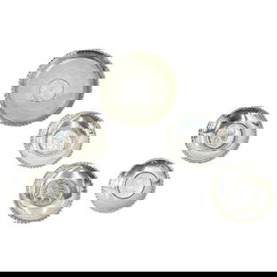 5pc Ethiopian Coin Mounted 800 Silver Bowls: 5pc Ethiopian Coin Mounted 800 Silver Bowls. One large bowl, 4 smaller bowls. Silver bowl marked 800. Weight: Approx. 11.3 ozt Measurements: Approx. Largest: 5.125 inches diameter / Medium: 3.625 inch
