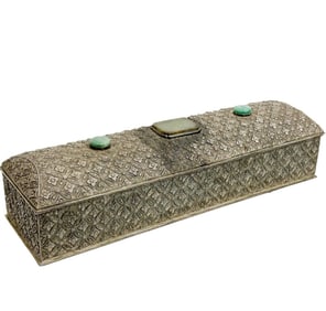 Chinese Silvered Metal Scroll Box Carved Jade & Chrysoprase