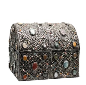 Indian Silver Mounted and Semi-Precious Stone Encrusted Large Wood Chest