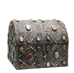 Indian Silver Mounted and Semi-Precious Stone Encrusted Large Wood Chest: Indian silver mounted and semi-precious stone encrusted large wood trunk, 2nd half 20th century. Silver mounts to the exterior with various semi-precious stones including agate, turquoise, and aventur