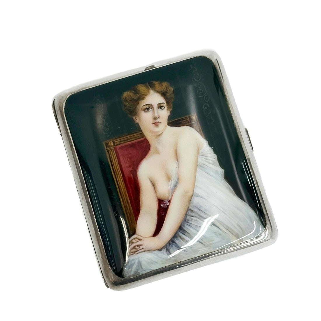 Bruckmann & Sohne German 900 Silver Enameled Portrait Cigarette Case: Bruckmann & Sohne German 900 Silver Enameled Cigarette Case. Gilt interior, hand painted enamel portrait of a woman to the front. 900 silver hallmarks to inner edge Weight: Approx. 124g Measurements: