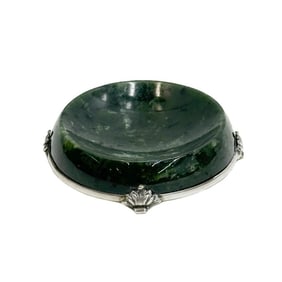 German 935 Sterling Silver Mounted Nephrite Jade Stone Open Salt or Spice Dish