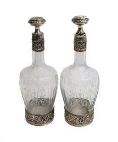 Pair French Silver and Acid Etched Glass Decanters, circa 1900. Etched Leaves