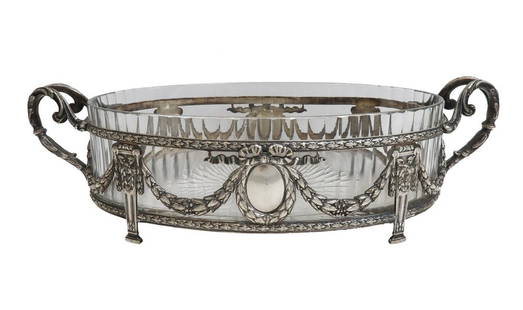 Saglier Freres French Silver Plate and Ribbed Glass Twin Handled Bowl circa 1900: Saglier Freres French silver plate and glass twin handled bowl, circa 1900. Etched leaf swags to exterior with empty monograms to either side. Ribbed exterior to glass bowl. Underside with Saglier Fre