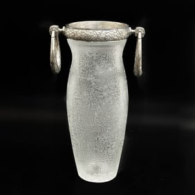 Russian Marked Faberge 84 Silver Mounted Acid Etched Glass 14.8 inch Vase c 1900