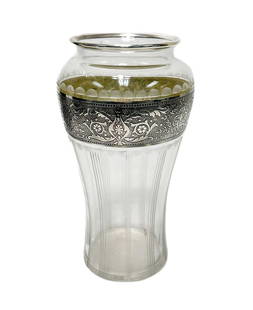 Fine American Etched Silver Overlay Cut Glass Vase, First Half 20th Century: Fine etched silver overlay cut glass American vase, first half 20th Century. Etched foliate scrolls and leaves to the silver central band. Unmarked, but tests for silver. pontil to the bottom. Weight