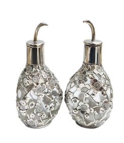 Pair Japanese 950 Silver Cherry Blossom Glass Overlay Scent Bottles