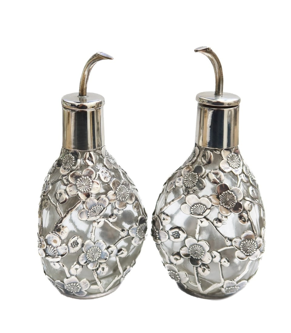 Pair Japanese 950 Silver Cherry Blossom Glass Overlay Scent Bottles (1 of 10)