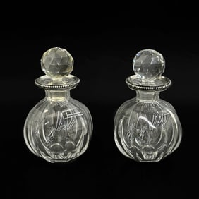 Pair Baccarat French Tetard Freres Silver Mounted Glass Bottles Decanters c1920