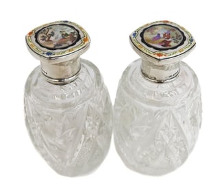 Pair Austrian 935 Silver 14k Gold and Mother of Pearl Inlay Scent Bottles c1930