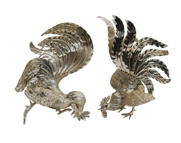 Pair Silverplate Fighting Rooster Figures 20th Century