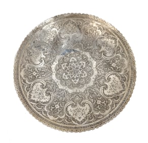 Persian Silver Etched Footed Scalloped Dish