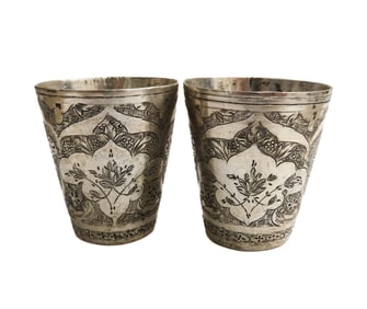 Pair Persian Silver Etched Shot Jigger Cups