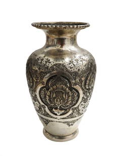 Persian Silver Etched Vase: Persian Silver Etched Vase. Etched leaves and flowers throughout the exterior with a beaded rim to mouth. Persian silver hallmarks to underside. Weight Approx., 4.5 ozt Measures Approx., 2.75 inches d