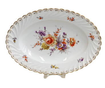 Dresden Ambrosius Lamm Porcelain Oval Scallop Rimmed Serving Tray circa 1900: Dresden Ambrosius Lamm porcelain oval scallop rimmed serving tray, circa 1900. Scallop rimmed with gilt wheat accents. The center with hand painted florals. Dresden Ambrosius Lamm mark to underside. W