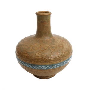 Manufacture de Sevres Glazed Stoneware Pottery Vase by Leon Peluche, 1918: Manufacture de Sevres Glazed Stoneware Pottery Vase by Leon Charle Peluche, 1918. Intricate etched swirls to the body with a blue and white triangular circular band. Manufacture de Sevres mark to unde