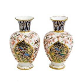 Pair Royal Crown Derby Porcelain Vases Florals Birds 1882