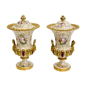 Pair Spode England Hand Painted Covered Porcelain Vases Faux Jewels 4775 c1810