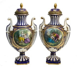 Pair Sevres France Porcelain Covered Urns, 19th C.