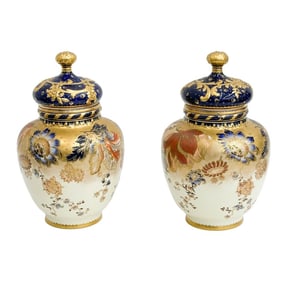 Pair Royal Crown Derby England Lidded Porcelain Urns Florals 1895