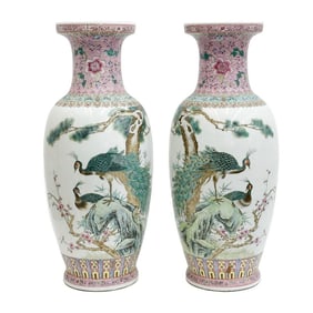 Pair Large Chinese Famille Rose Enameled Porcelain Rouleau Vases Peacocks