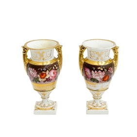 Pair English Derby Hand Painted Porcelain Urns Florals 19th century