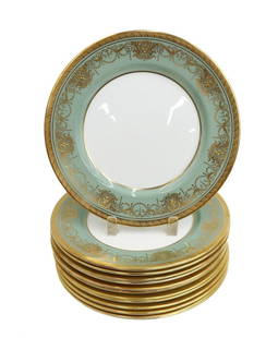 13  Aynsley England Porcelain Dinner Plates Marlborough Green Mid Century #835Y: 13 Aynsley England porcelain dinner plates in Marlborough Green #835Y, Mid Century. Sage green ground with gilt encrusted swag beaded rims. Aynsley England marks to underside.Weight: Approx. 16 lbs Me