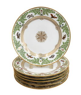 6 Manufacture de Sevres Fontainbleau Pattern 9.5 inch Plates 1839-1843: 6 Manufacture de Sevres Fontainbleau pattern 9.5 inch plates 1839-1843. Hand painted leaf vines and various birds to rim. Gold emblem center. Manufacture de Sevres mark to underside with designation m