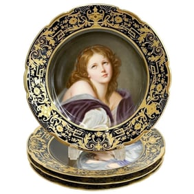 4 Ambrosius Lamm Dresden Hand Painted Porcelain Portrait Plates Signed c1900