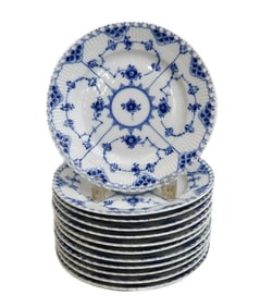 12 Royal Copenhagen Porcelain Salad Dessert Plates Blue Fluted Full Lace #1086