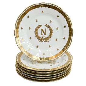 7 French Gilt Porcelain Napoleonic 9.6 inch Plates circa 1900