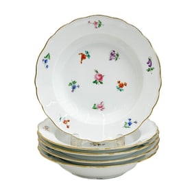 5 Meissen Germany Hand Painted Florals Porcelain Rimmed Soup Bowls 19th century