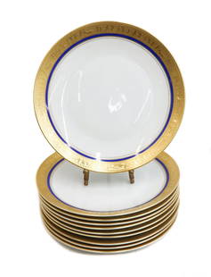 10 Rosenthal Germany Porcelain Dessert Plates #R3053 circa 1965: 10 Rosenthal Germany Porcelain Dessert Plates #R3053 circa 1965. A cobalt blue ground with gold encrusted trims of children holding hands and frolicking. Rosenthal Germany mark to the underside dated