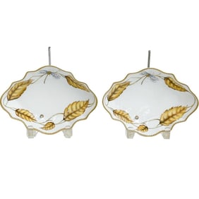 Pair Anna Weatherley Designs Hand Painted Porcelain Dishes Insects in Amber Leaf