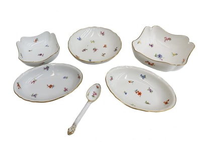 6 Piece Meissen Germany Hand Painted Porcelain Floral Dishes 19th Century