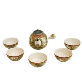 Japanese Satsuma Hand Painted Porcelain Teapot or Sake Set for 5 Meiji period