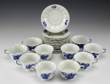 10pc Set Royal Copenhagen Blue Flower Angular Porcelain Footed Cup & Saucers