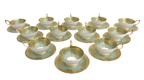 12 Aynsley England Porcelain Cup and Saucers in Marlborough Green Mid Century