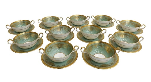 11 Aynsley England Porcelain Bouillon Bowls Underplates Marlborough Green Mid C