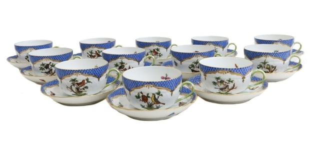 12 Herend Rothschild Porcelain Birds Blue Scale Cup and Saucers #1726