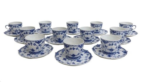 12 Royal Copenhagen Denmark Porcelain Full Lace No Trim Cup and Saucers #1035