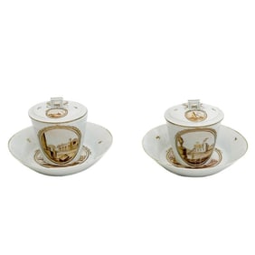 Pair Gotha Germany Hand Painted Porcelain Covered Cup & Saucers circa 1810