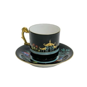 Camille Le Tallec French Porcelain Cup & Saucer Black with Birds 1964