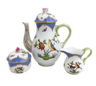 Herend Rothschild Porcelain Birds Blue Scale Coffee Serving Set