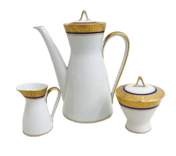 Rosenthal Germany Porcelain Tea Serving Set #R3053, circa 1965: Rosenthal Germany Porcelain Tea Serving Set #R3053, circa 1965. A cobalt blue ground with gold encrusted trims of children holding hands and frolicking. Rosenthal Germany mark to the underside dated t