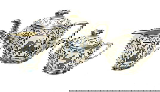 H & Co. Selb Bavaria Germany Heinrich Porcelain Silver Overlay Teaset: H & Co. Selb Bavaria Germany Heinrich porcelain silver overlay teaset, circa 1950. Silver overlay flowers and figures to the central area. H & Co. Selb Bavaria Germany mark to the underside base. Weig