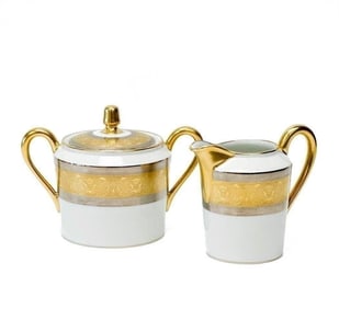 2pc Christofle France Gilt & Platinum Banded Porcelain Cream & Sugar in La Paiva