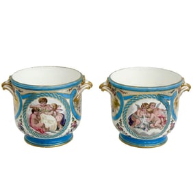 Pair Sevres Hand Painted Porcelain Cache Pots Cherubs Fruit