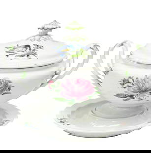 Meissen Germany Hand Painted Porcelain Lidded Tureen with Underplate 19th cen: Meissen Germany hand painted porcelain lidded tureen with underplate, 19th century. A white ground with hand painted florals. Underside with Meissen crossed swords marks. Weight Approx., 8 lbs Measure